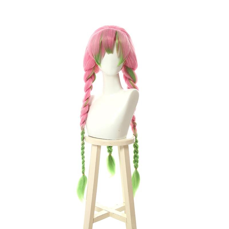 80cmピンクとグリーンの混ざった編み込みコスプレウィッグ - NOKIJP - 