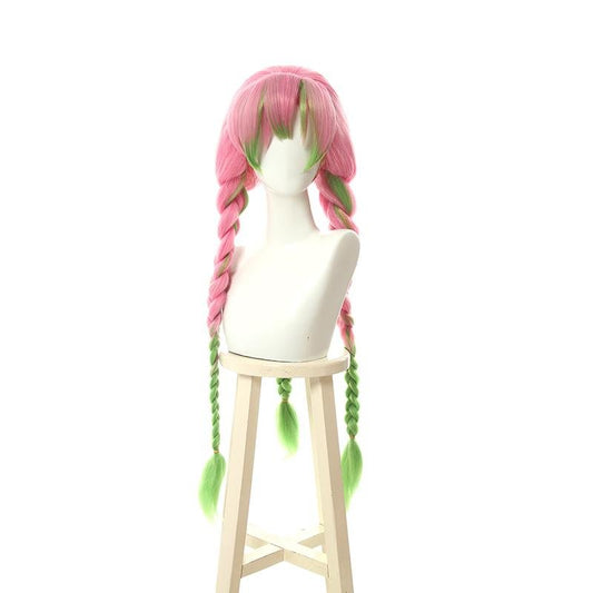 80cmピンクとグリーンの混ざった編み込みコスプレウィッグ - NOKIJP - 
