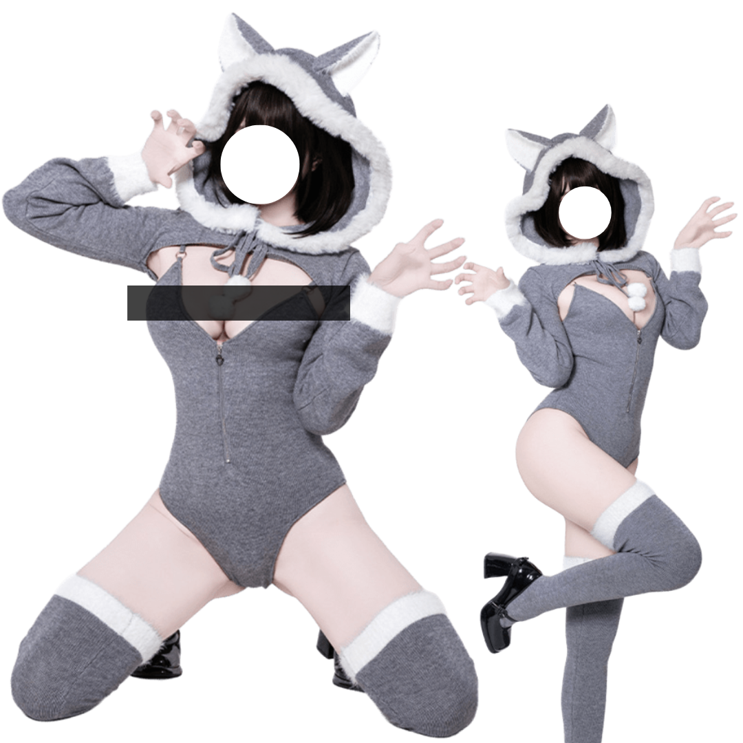 セクシーで居心地の良い、ヒースグレーのキャットイヤーフード付きボディスーツセット