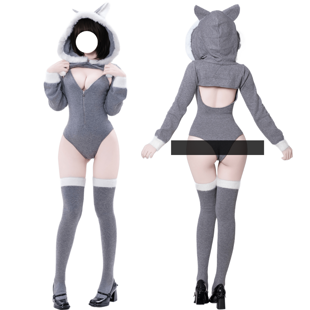 セクシーで居心地の良い、ヒースグレーのキャットイヤーフード付きボディスーツセット