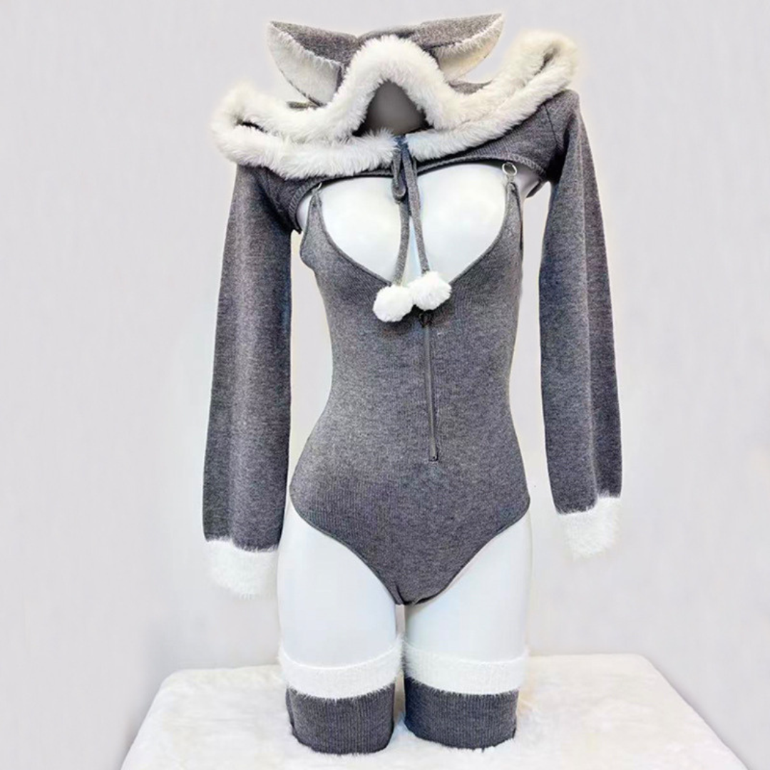 セクシーで居心地の良い、ヒースグレーのキャットイヤーフード付きボディスーツセット