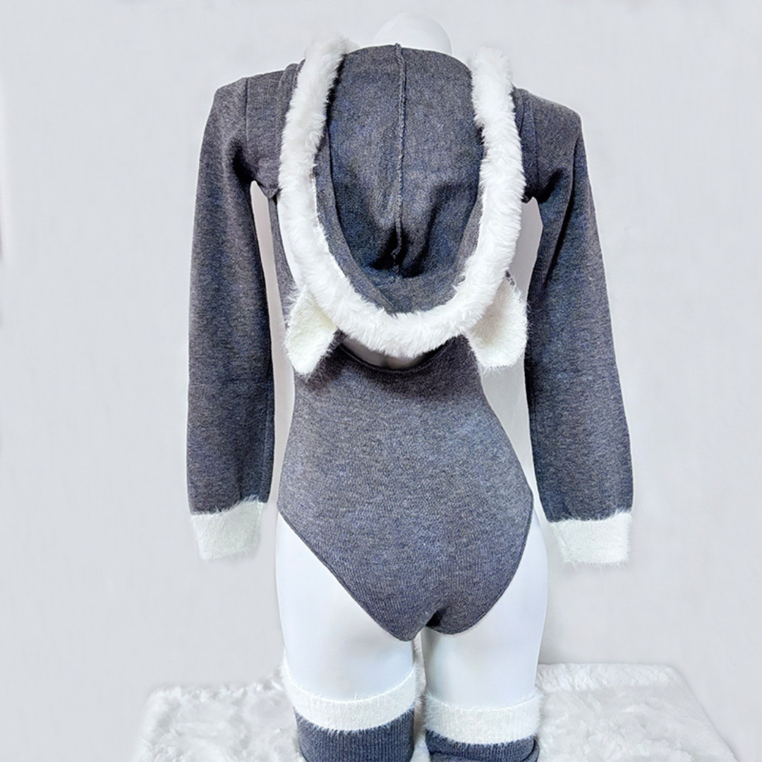セクシーで居心地の良い、ヒースグレーのキャットイヤーフード付きボディスーツセット