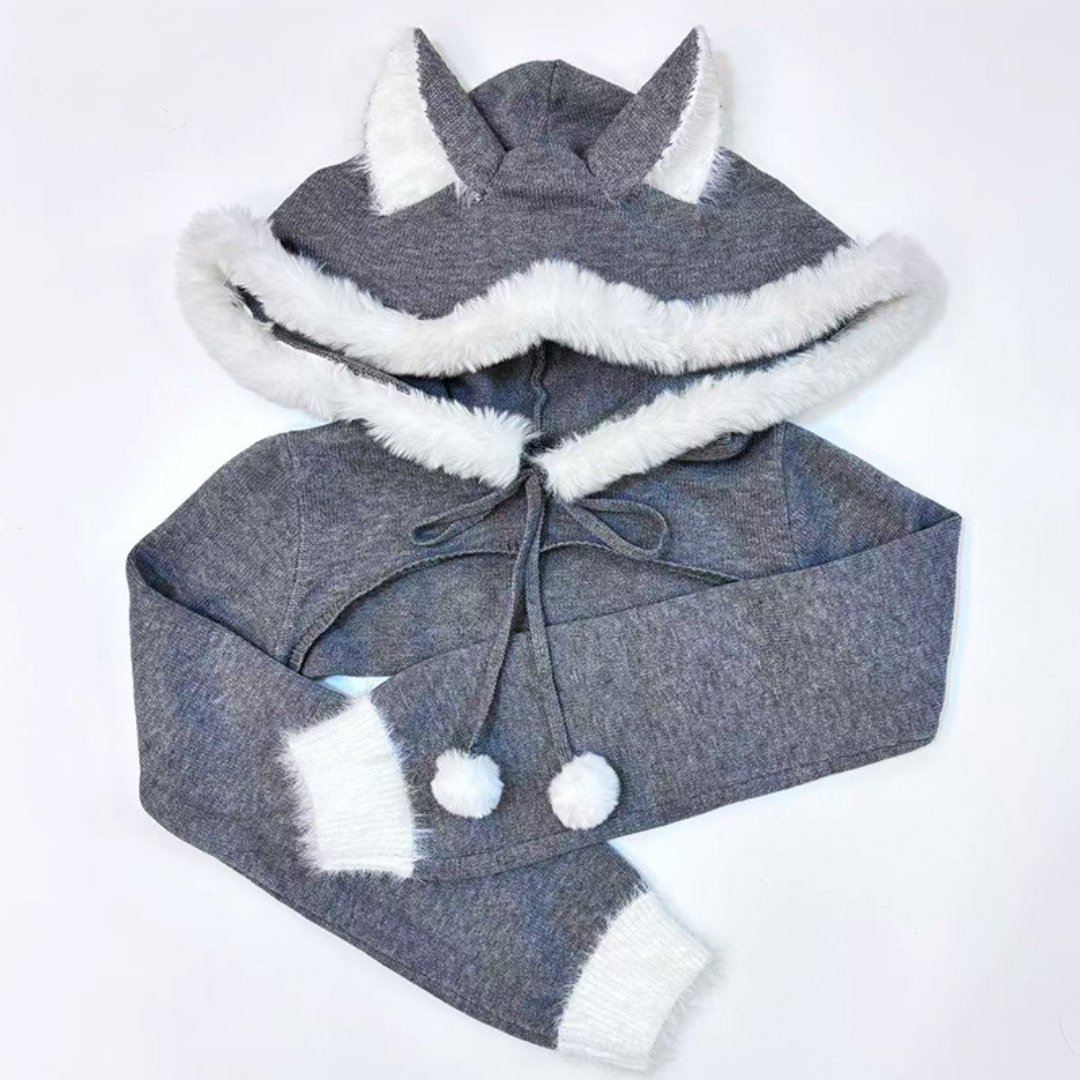 セクシーで居心地の良い、ヒースグレーのキャットイヤーフード付きボディスーツセット